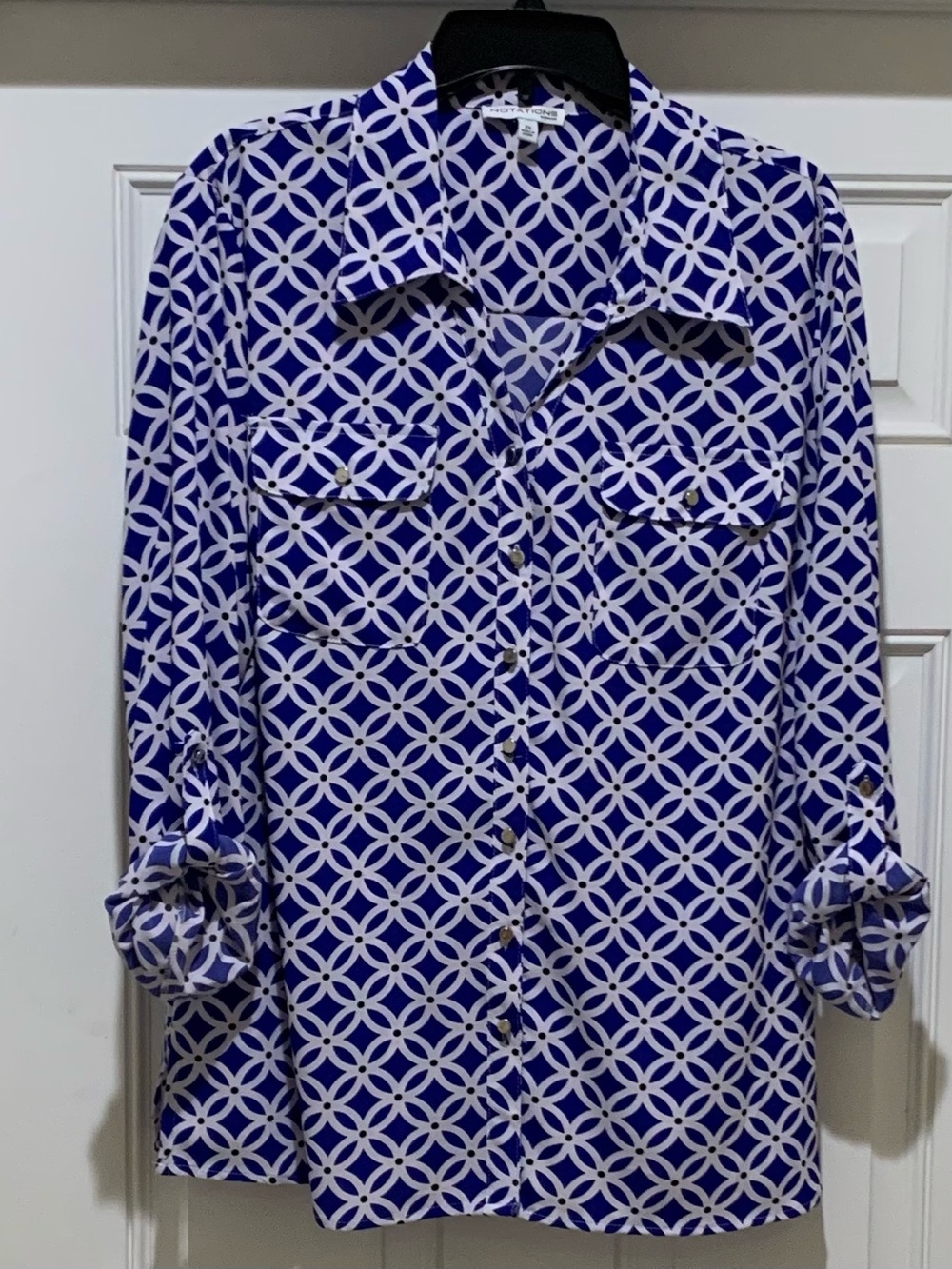 Notations Blue and White Geometric Button-Down Blouse Metallic Buttons 2XL - Picture 10 of 10